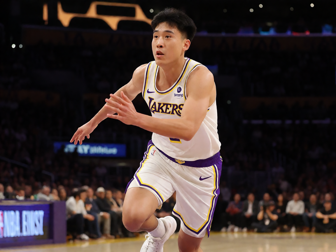 NBA常规赛湖人队比赛现场，球员突破上篮精彩瞬间